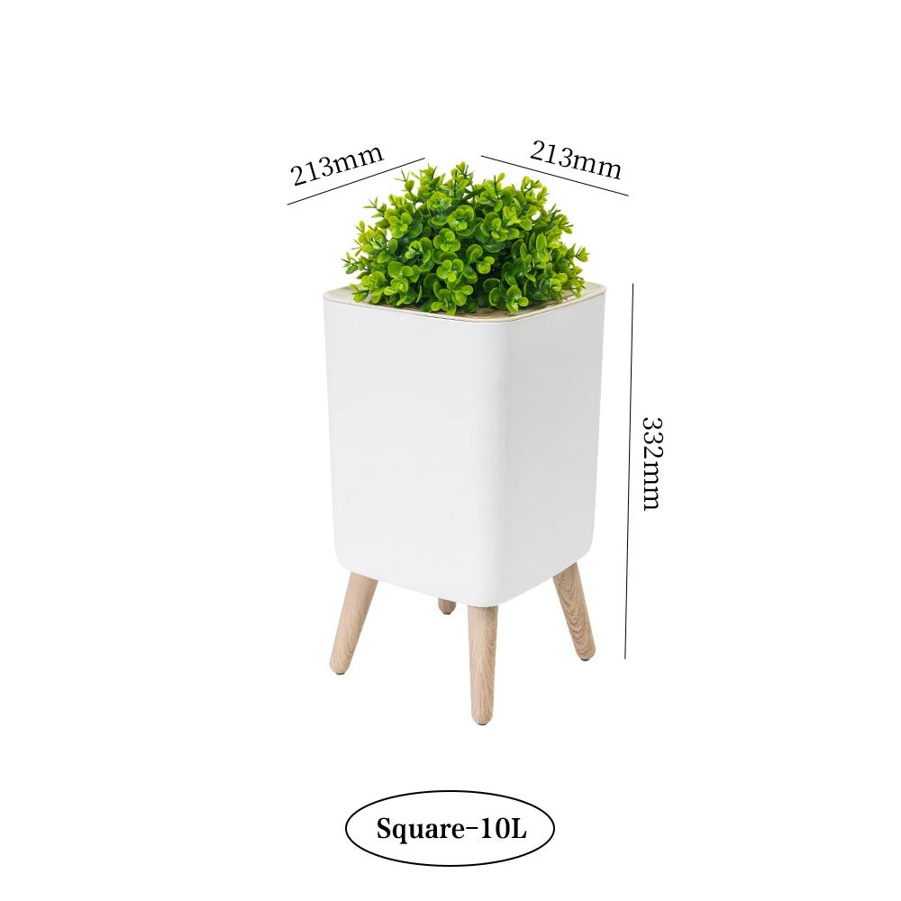 Slim Wood-Top Bathroom Bin – Press-Lid Kitchen Waste Basket