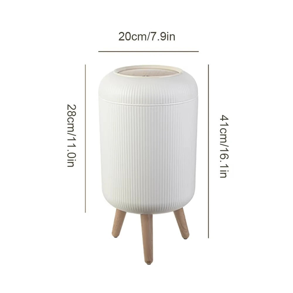 Slim Wood-Top Bathroom Bin – Press-Lid Kitchen Waste Basket