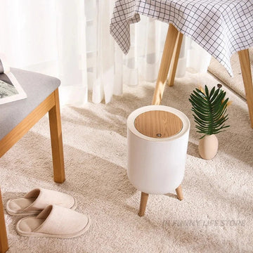 Slim Wood-Top Bathroom Bin – Press-Lid Kitchen Waste Basket