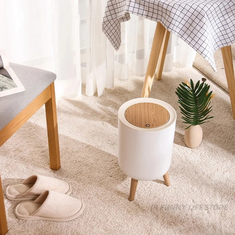 Slim Wood-Top Bathroom Bin – Press-Lid Kitchen Waste Basket