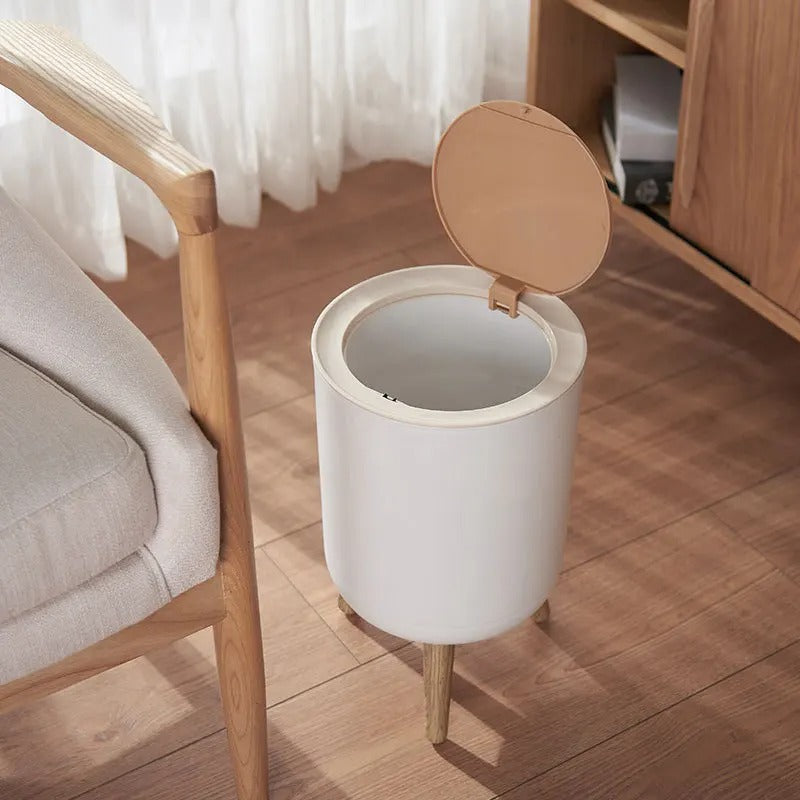 Slim Wood-Top Bathroom Bin – Press-Lid Kitchen Waste Basket