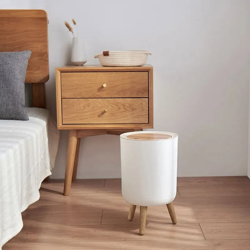 Slim Wood-Top Bathroom Bin – Press-Lid Kitchen Waste Basket