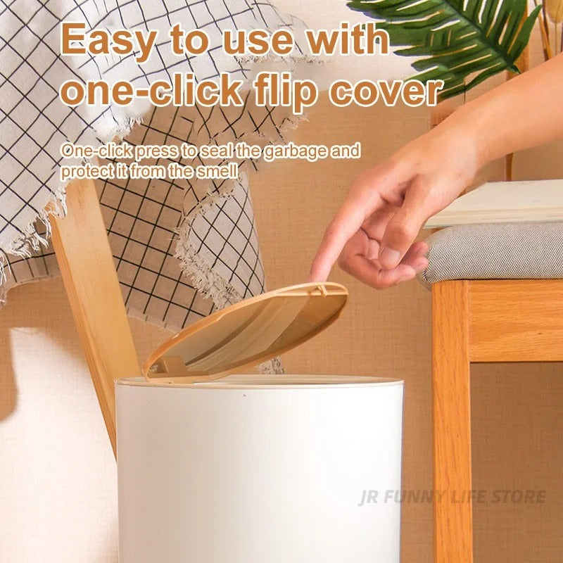 Slim Wood-Top Bathroom Bin – Press-Lid Kitchen Waste Basket
