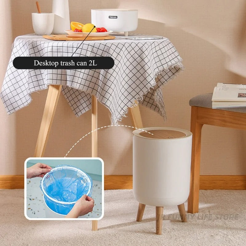 Slim Wood-Top Bathroom Bin – Press-Lid Kitchen Waste Basket