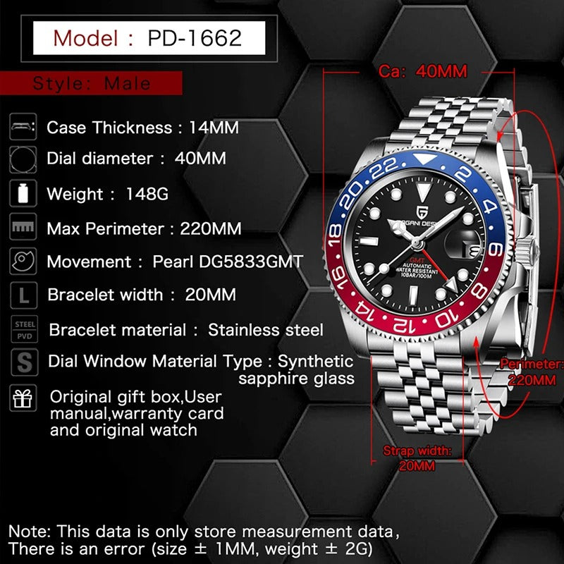 PAGANI DESIGN PD-1662 Luxury GMT Men Mechanical Wristwatch