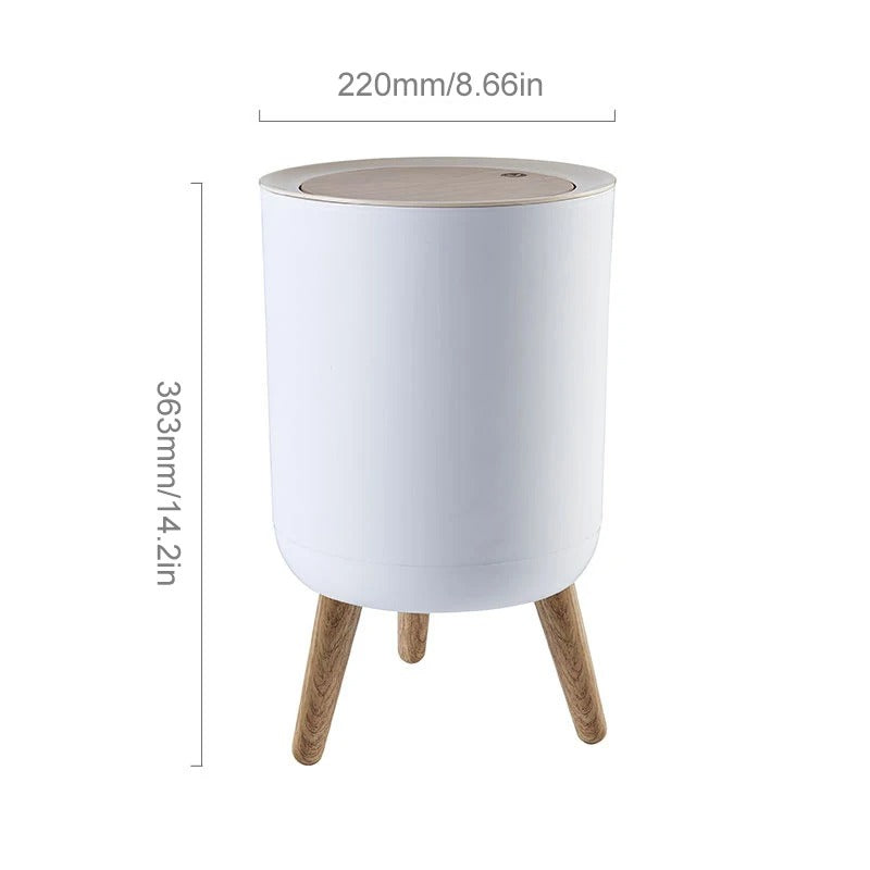 Slim Wood-Top Bathroom Bin – Press-Lid Kitchen Waste Basket