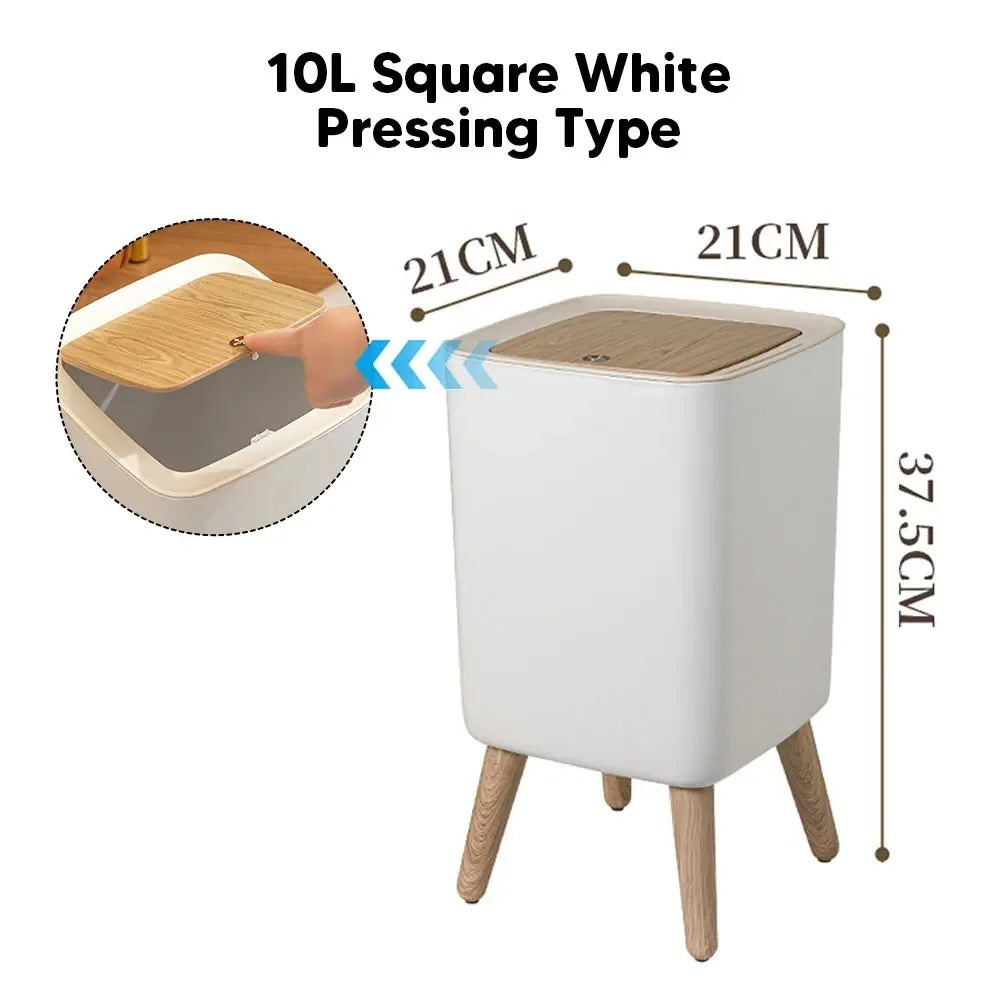Slim Wood-Top Bathroom Bin – Press-Lid Kitchen Waste Basket